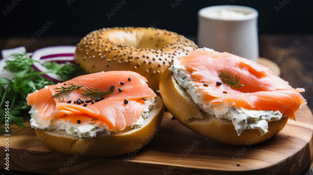 Bagels with cream cheese and lox: A classic breakfast, featuring toasted bagels. AI generated image. Bagels with cream cheese and lox: A classic breakfast, featuring toasted bagels. AI generated image.