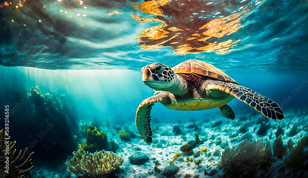 turtle life in the coral reef, animals of the underwater sea world, Generative AI - obrazy, fototapety, plakaty 