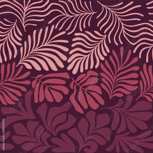 Brown beige abstract background with tropical palm leaves in Matisse style. Vector seamless pattern with Scandinavian cut out elements.