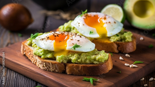 Toast with avocado and eggs: A healthy and delicious breakfast option, featuring toasted bread. AI generated image.