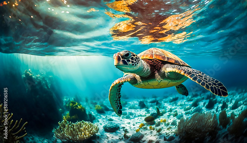 Photographie turtle life in the coral reef, animals of the underwater sea world, Generative A