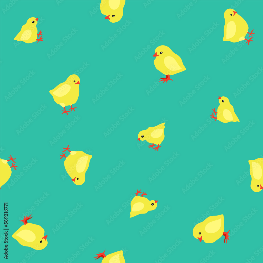 Vector seamless pattern with yellow chicks on bright blue-green grass. Happy Easter.