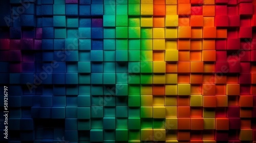 Illustration of a rainbow-colored wall with square patterns generated by AI created with Generative AI technology
