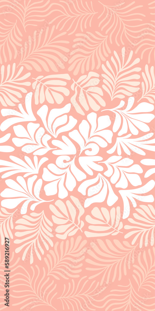 Pastel peach brown abstract background with tropical palm leaves in Matisse style. Vector seamless pattern with Scandinavian cut out elements. Pastel peach brown abstract background with tropical palm leaves in Matisse style. Vector seamless pattern with Scandinavian cut out elements.