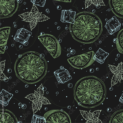 Seamless pattern with lime, ice and mint. Vector illustration in sketch style for restaurant menus and wine lists.