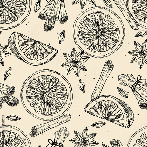 Mulled wine ingredient seamless pattern. Orange, cinnamon sticks, anise star. Vector of aromatic spices set. Doodle of spice and flavor. Xmas winter drink