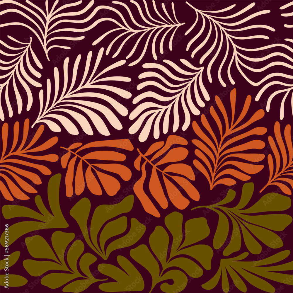 Terracotta green abstract background with tropical palm leaves in Matisse style. Vector seamless pattern with Scandinavian cut out elements. Terracotta green abstract background with tropical palm leaves in Matisse style. Vector seamless pattern with Scandinavian cut out elements.