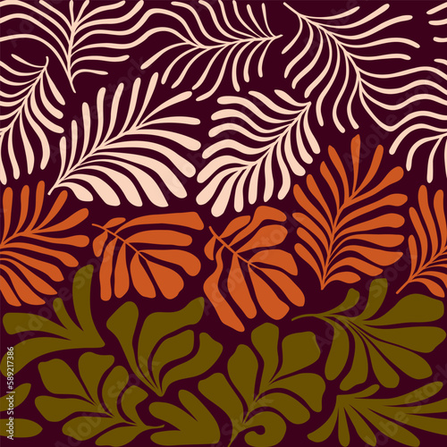 Terracotta green abstract background with tropical palm leaves in Matisse style. Vector seamless pattern with Scandinavian cut out elements.