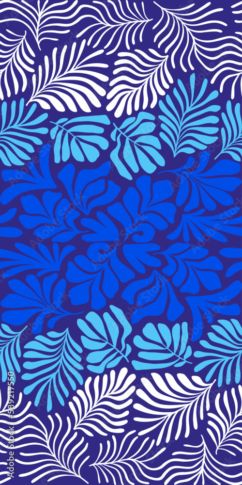 Blue white abstract background with tropical palm leaves in Matisse style. Vector seamless pattern with Scandinavian cut out elements. Blue white abstract background with tropical palm leaves in Matisse style. Vector seamless pattern with Scandinavian cut out elements.