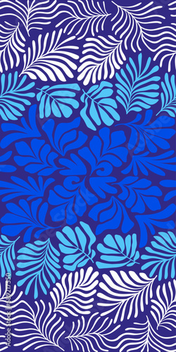 Blue white abstract background with tropical palm leaves in Matisse style. Vector seamless pattern with Scandinavian cut out elements.