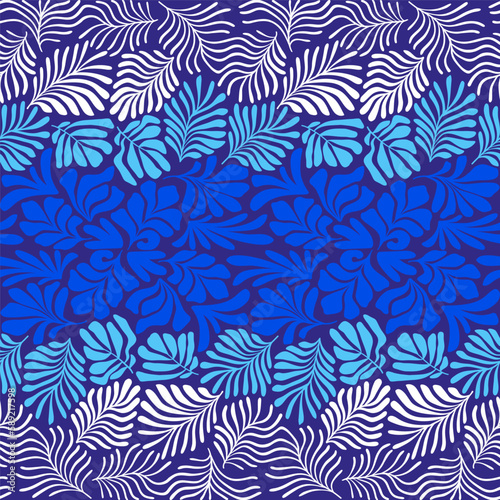 Blue white abstract background with tropical palm leaves in Matisse style. Vector seamless pattern with Scandinavian cut out elements.