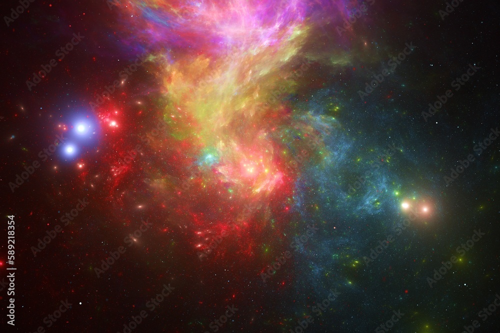 Naklejka premium Multicolored clouds of stardust in black space. Abstract fractal 3D rendering