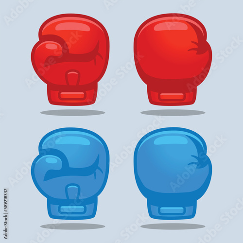 Cartoon red and blue boxing glove icon, front and back. Isolated vector flat design illustration.