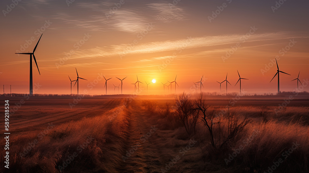 wind turbines at sunset, landscape, renewable energy, generative AI