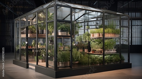 a modern glass greenhouse with plants, generative AI