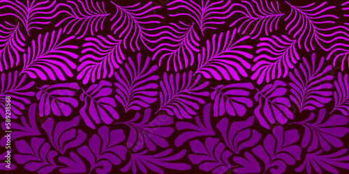 Purple gradient abstract background with tropical palm leaves in Matisse style. Vector seamless pattern with Scandinavian cut out elements.