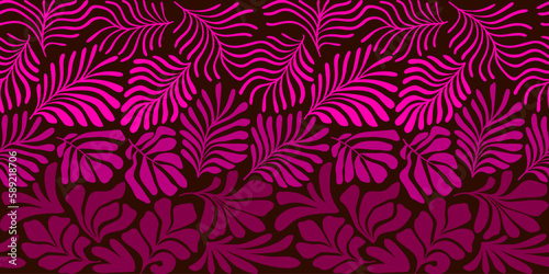 Pink gradient abstract background with tropical palm leaves in Matisse style. Vector seamless pattern with Scandinavian cut out elements.