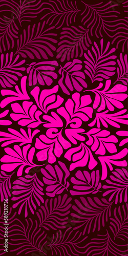 Pink gradient abstract background with tropical palm leaves in Matisse style. Vector seamless pattern with Scandinavian cut out elements.