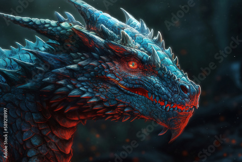 Fantastic dragon with in blue color with red eyes. Mythology fantasy or fairytale reptile monster macro close up. Ai generated