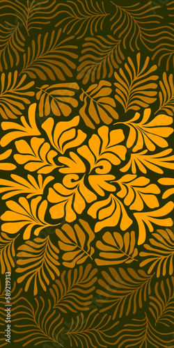 Gold yellow gradient abstract background with tropical palm leaves in Matisse style. Vector seamless pattern with Scandinavian cut out elements.