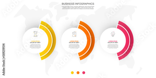 Business vector infographics with three circles and icons. Timeline visualization with 3 steps for diagram, flowchart, banner, presentations, web, content, levels, chart, graphic