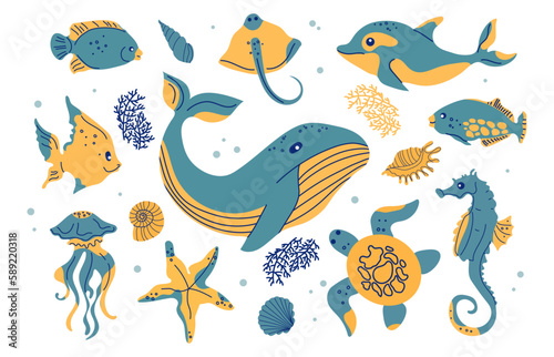 Cartoon sea animals. Inhabitants of the sea world  cute  funny underwater creatures dolphin  seahorse whale  turtle  jellyfish.Set of underwater marine life vector illustrations.