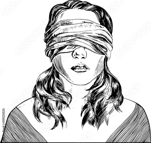 Hand Drawn Woman With Tied Eyes Or Blindfolded. Sketched Illustration