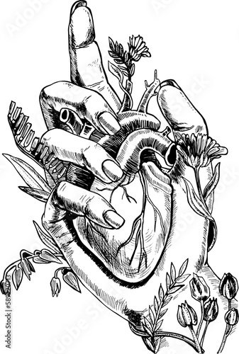 Hand Drawn Hand Holding Heart. Sketched Illustration