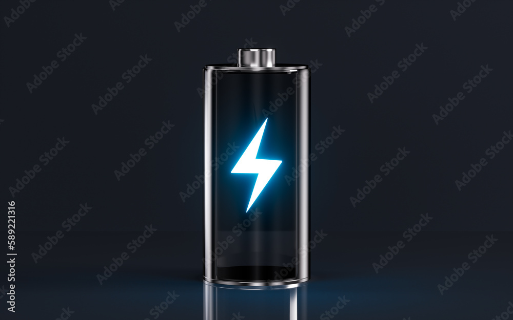 A battery with a charging mark, 3d rendering. A battery with a charging mark, 3d rendering.