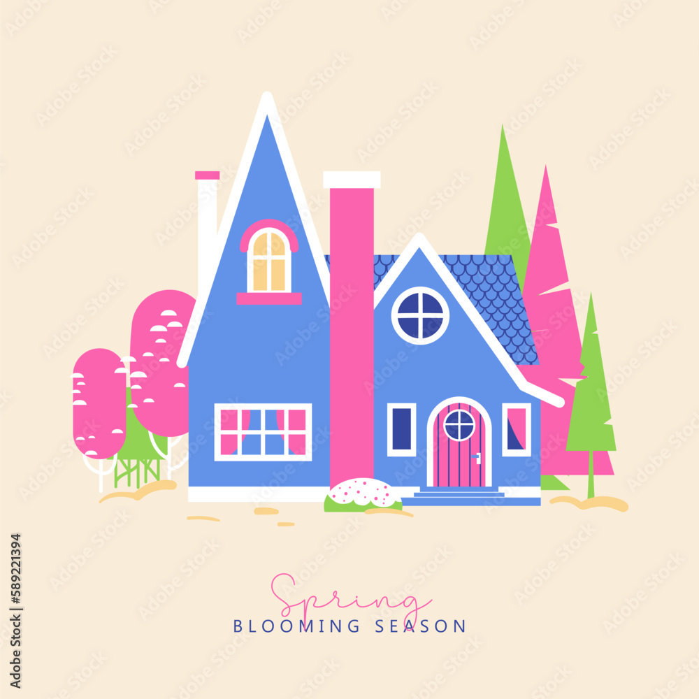 Cute spring card with cottage house with blooming trees on beige background. Vector season illustration good for posters, prints, cards, signs, planner