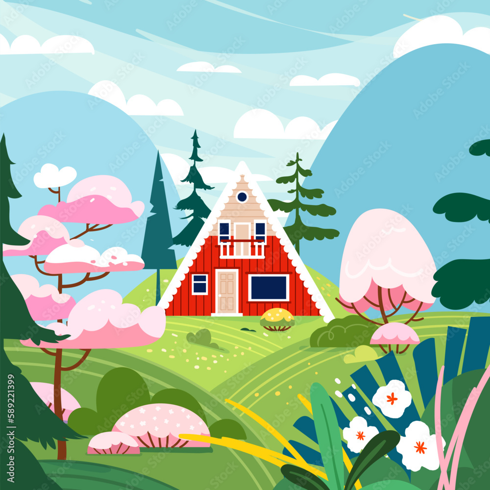 Spring landscape with forest red house cottage vector. Mountain blooming tree scenic background. Nature season illustration