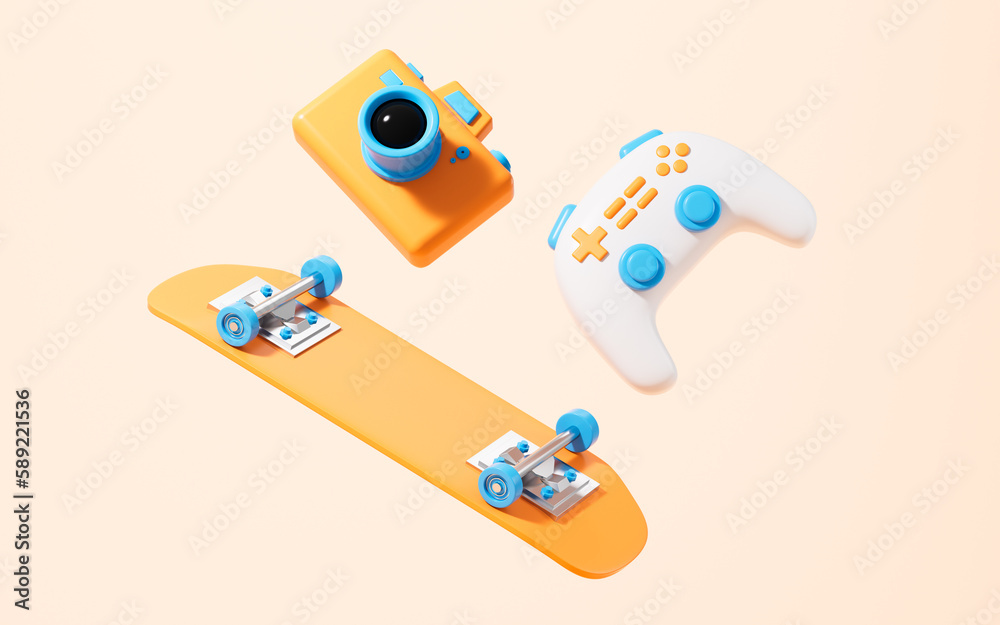 Skateboarding and gamepad in the yellow background, 3d rendering.