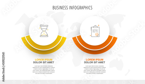 Vector infographic design template. Modern timeline concept with 2 steps, circles. Vector illustration used for diagram, workflow layout, banner, webdesign