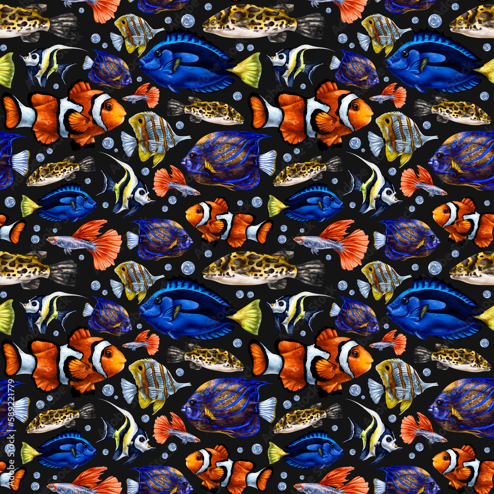 Naklejka premium Seamless pattern with colorful marine life. Tropical fish. Background for textiles, fabrics, wrapping paper, souvenirs and other designs