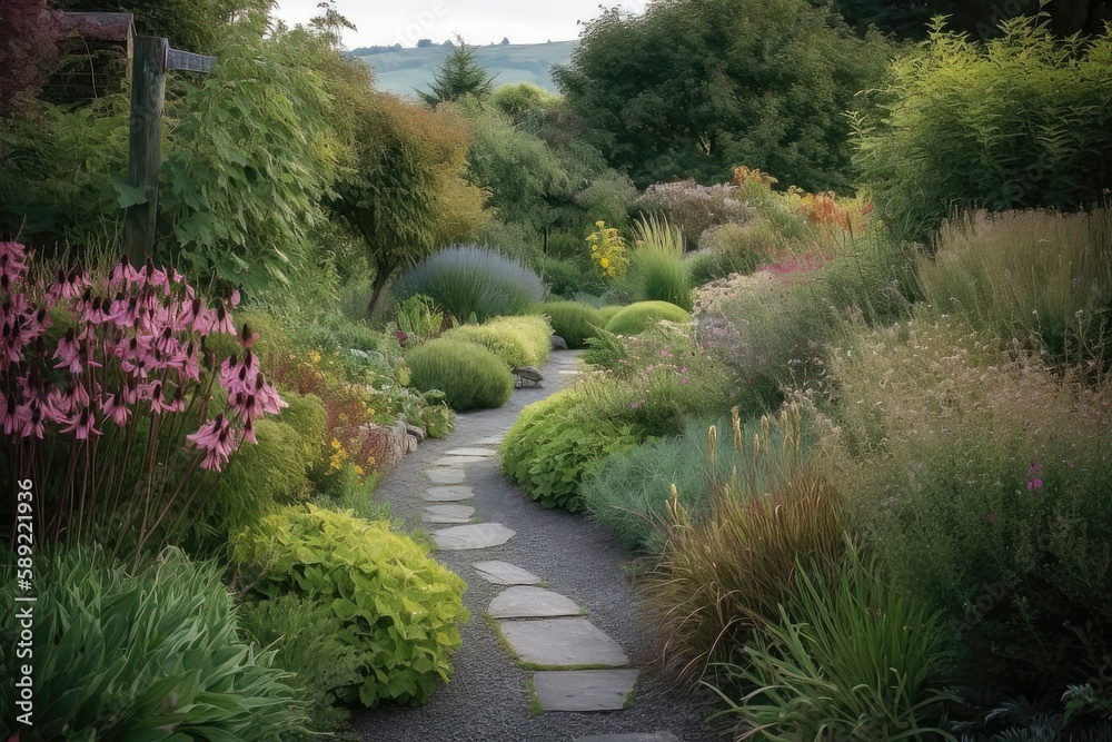 Obraz premium Tranquil Harmony: A Modern Pathway through Lush Green Home Garden with Complementary Plants and Colorful Flowers leading to Cozy Seating Area amidst Natural Landscape 4. Generative AI