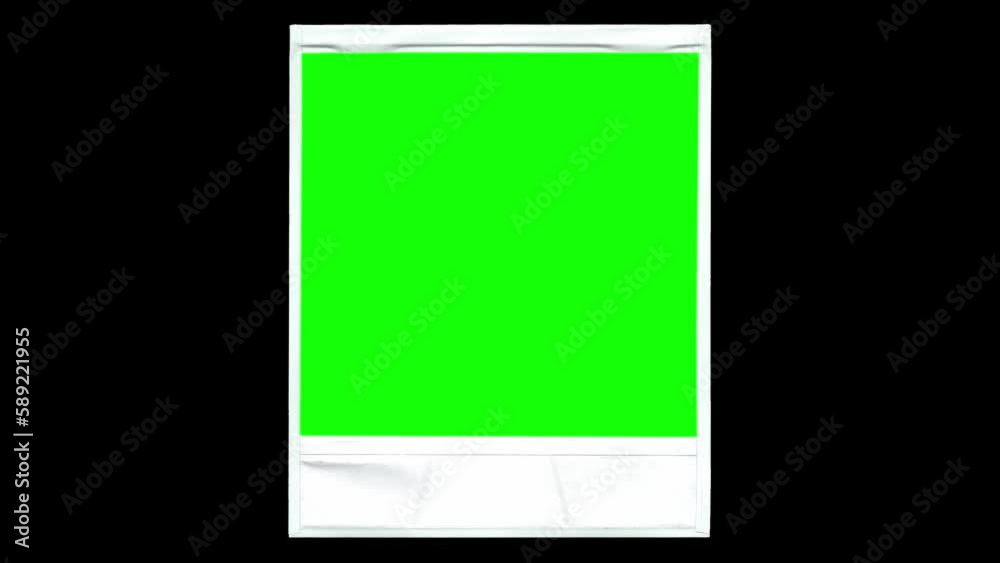 An old retro vintage white instant photo, zoom in, green frame, black background.
