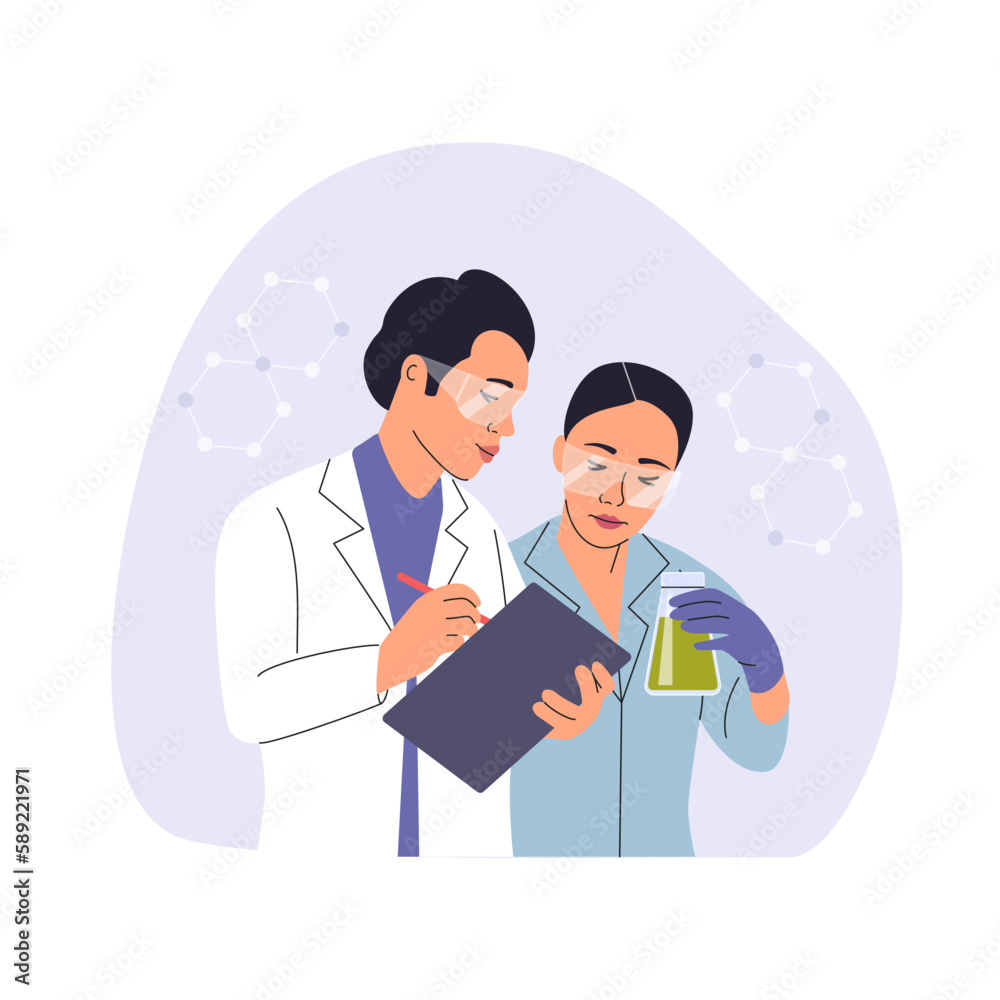 Woman and man Scientists working using digital tablet, analysing biochemicals samples in the lab. Vector cartoon flat style illustration Woman and man Scientists working using digital tablet, analysing biochemicals samples in the lab. Vector cartoon flat style illustration