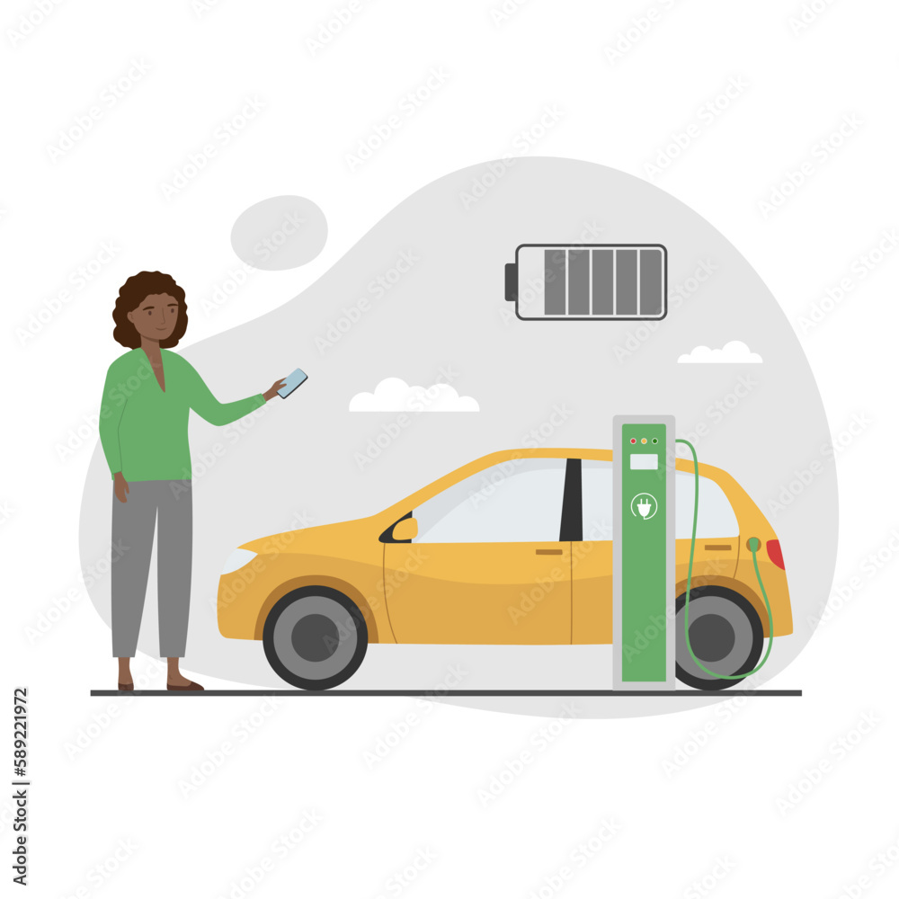 Naklejka premium Electric car near charging station. Young woman with smartphone charges her car. Green electricity energy consumption concept. Flat cartoon style.