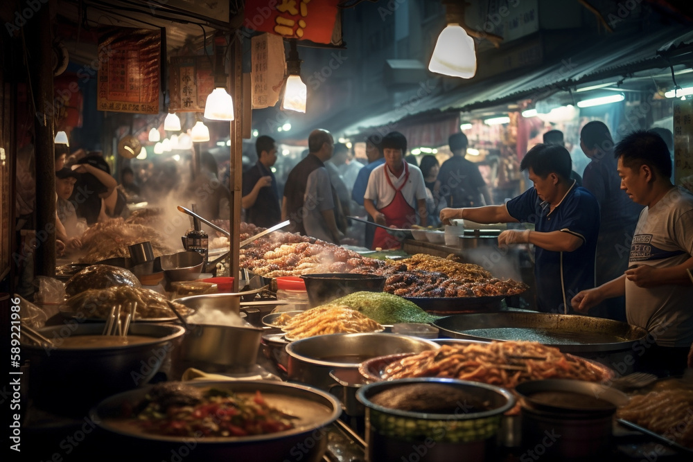 Generative ai lively asian street food market at night