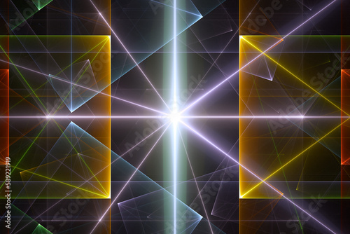 Purple orange glowing pattern of curved shapes and rays on a black background. Abstract fractal 3D rendering