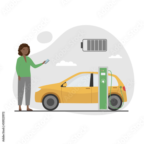 Electric car near charging station. Young woman with smartphone charges her car. Green electricity energy consumption concept. Flat cartoon style.