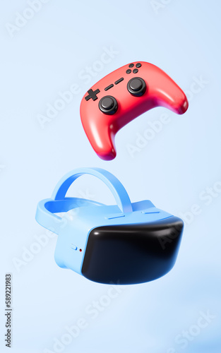 Gamepad and VR glasses virtual reality headset, 3d rendering.