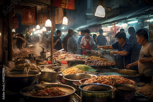 Generative ai lively asian street food market at night photo