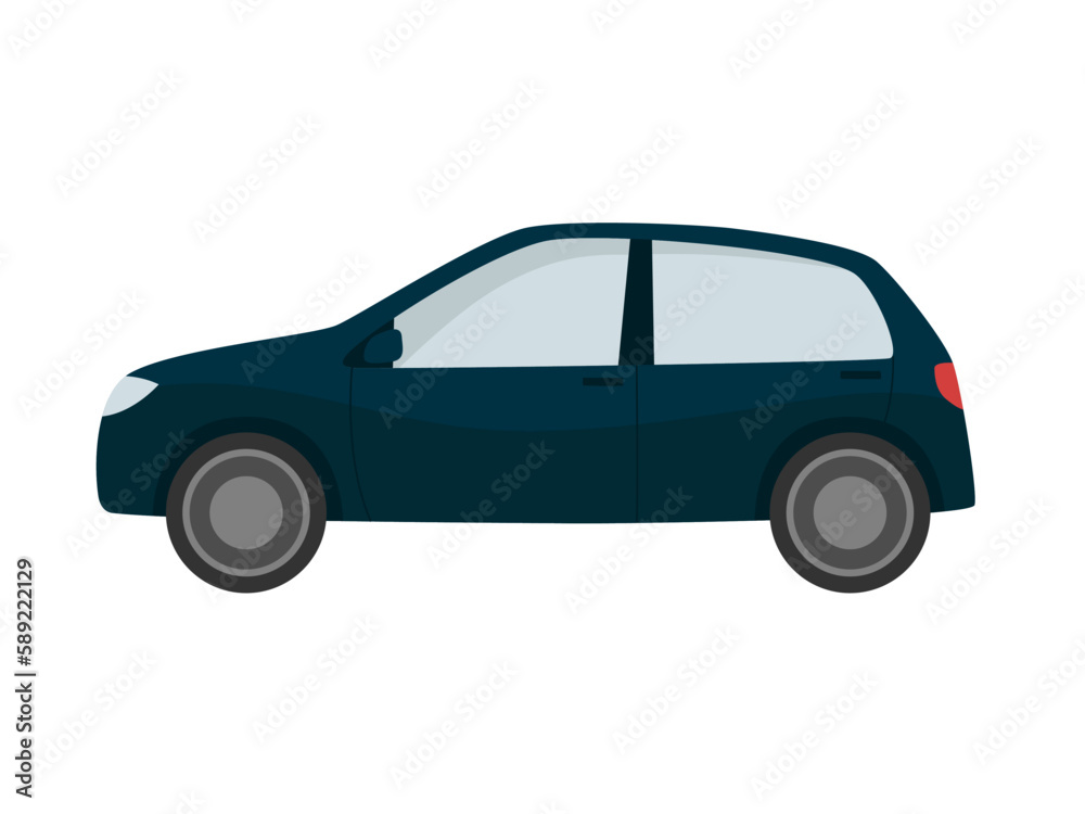 Hatchback car. Blue auto side view. Flat cartoon style. Isolated vector illustration 