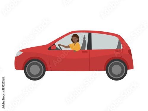Young woman with amputated hand driving a car. Handicapped person 