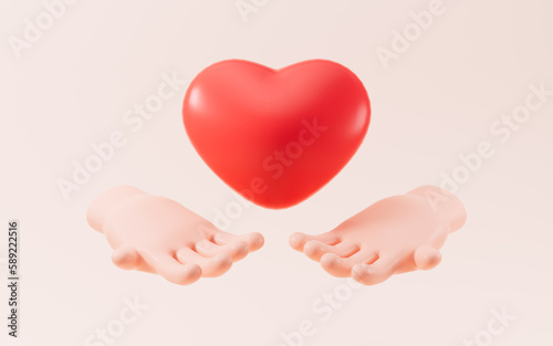 Cartoon hand and heart , 3d rendering.