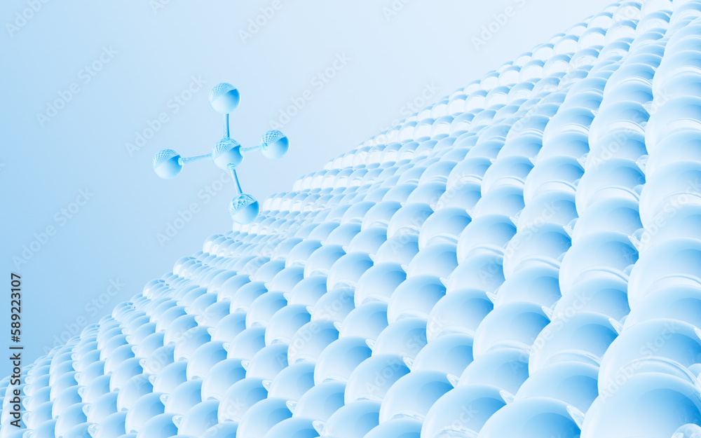 Molecules floating on the skin structure layer, skin care and treatment, washing clothes care, 3d rendering. Molecules floating on the skin structure layer, skin care and treatment, washing clothes care, 3d rendering.