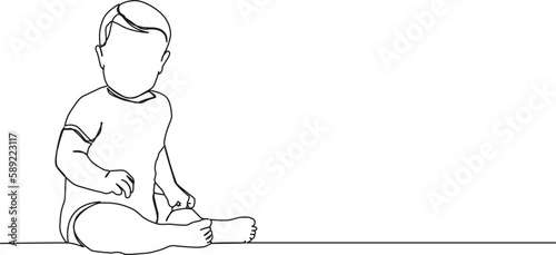continuous single line drawing of toddler in onesie sitting on floor, line art vector illustration