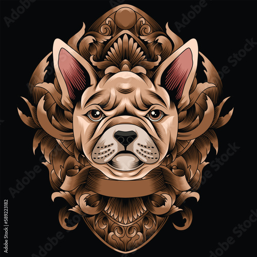 french bulldog illustration with baroque ornament