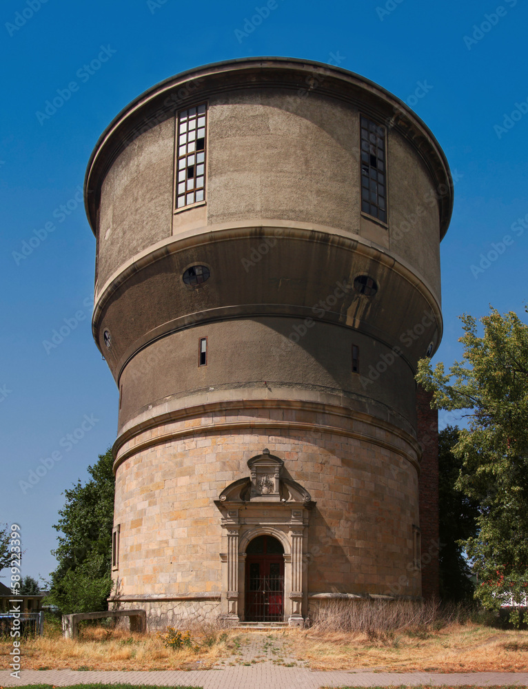 Big historical water tower with neo-renaissance portal in Halberstadt city, Germany
